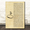 U2 One Rustic Script Song Lyric Print