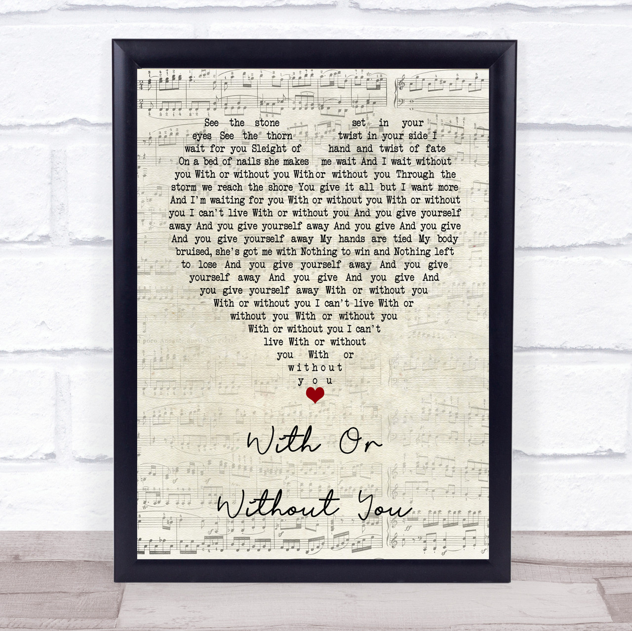 U2 With Or Without You Script Heart Song Lyric Quote Print Song