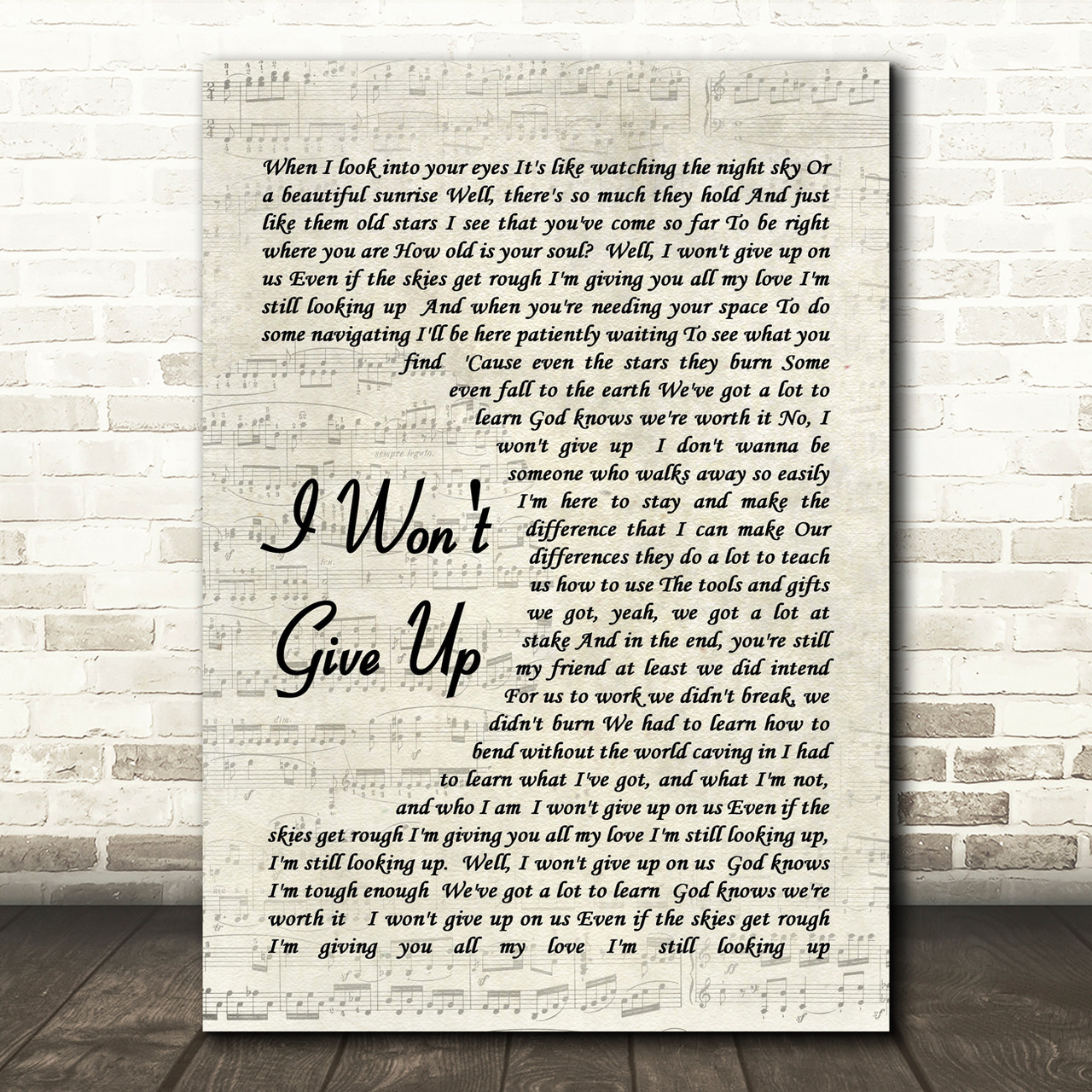 I Won't Give Up Song Lyric Vintage Script Quote Print