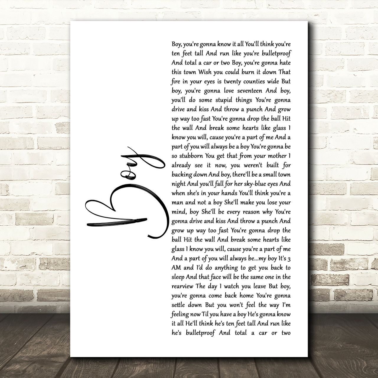 Lee Brice Boy White Script Song Lyric Wall Art Print 