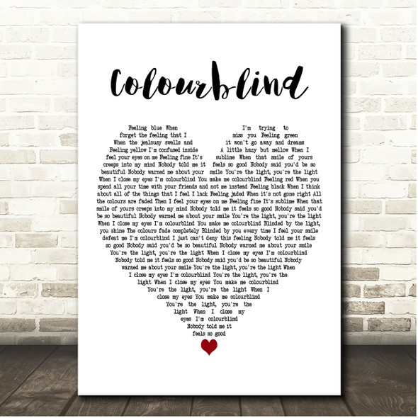Darius Campbell Colourblind White Heart Song Lyric Print