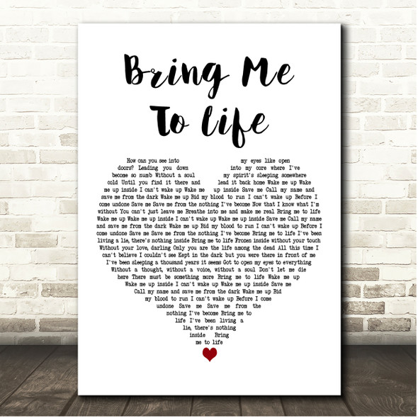 Evanescence Bring Me To Life White Heart Song Lyric Print