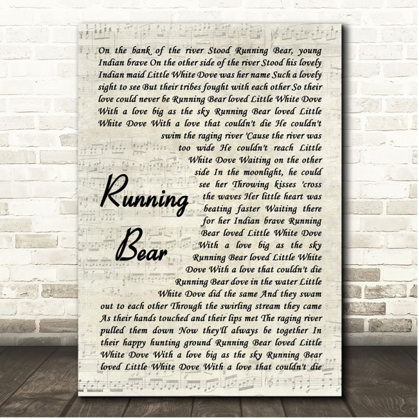 Johnny Preston Running Bear Vintage Script Song Lyric Print