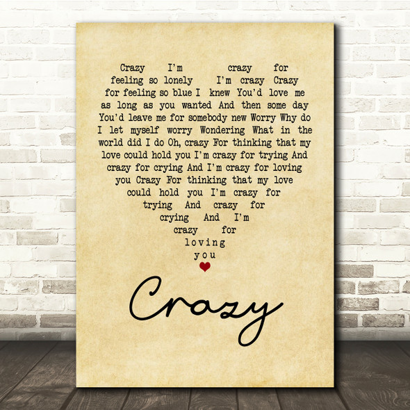 Patsy Cline Crazy Vintage Heart Song Lyric Quote Print