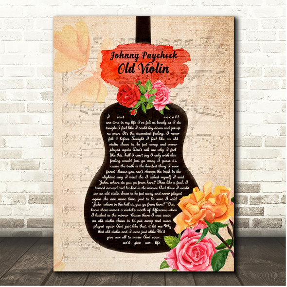 Johnny Paycheck Old Violin Floral Rose Guitar Script Song Lyric Print