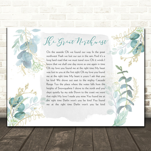 Mighty Oaks The Great Northwest Green & Gold Watercolour Leaves Song Lyric Print