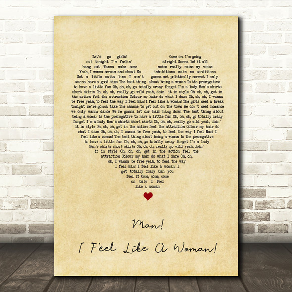 Shania Twain Man I Feel Like A Woman Vintage Heart Song Lyric Quote Print