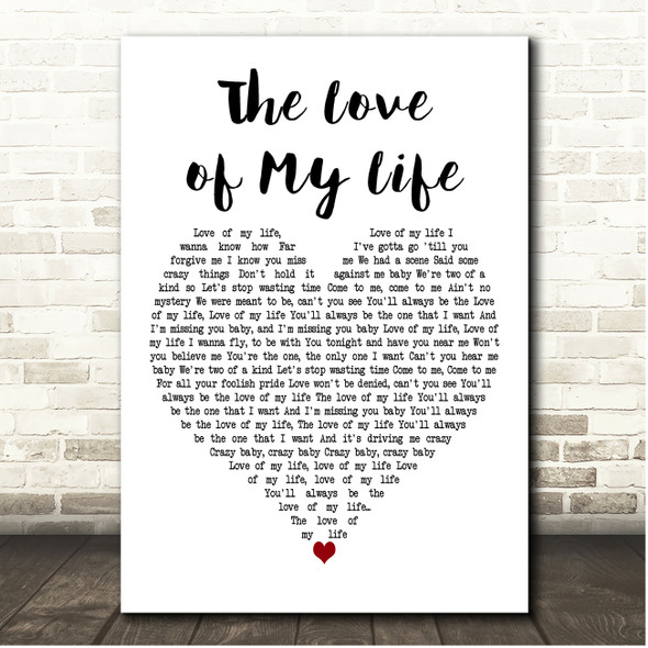 Pandora The Love of My Life White Heart Song Lyric Print