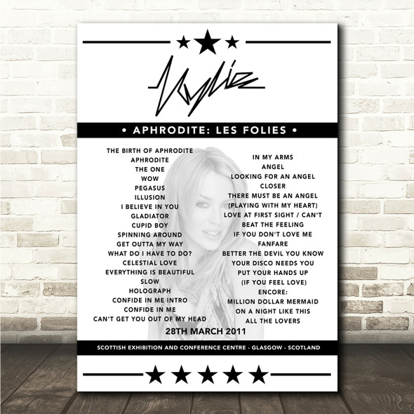 Kylie Minogue - Concert Setlist Poster Print Canvas - Scottish Exhibition and Conference Centre, Glasgow, Scotland - March 28th 2011