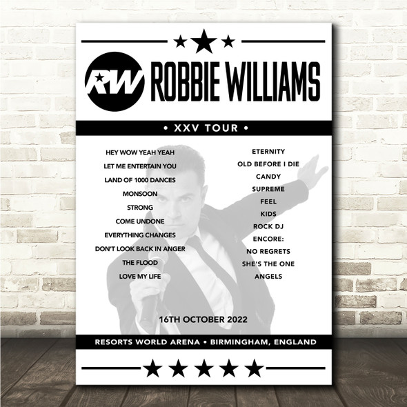 Robbie Williams - Concert Setlist Poster Print Canvas - Resorts World Arena, Birmingham, England - 16th October 2022