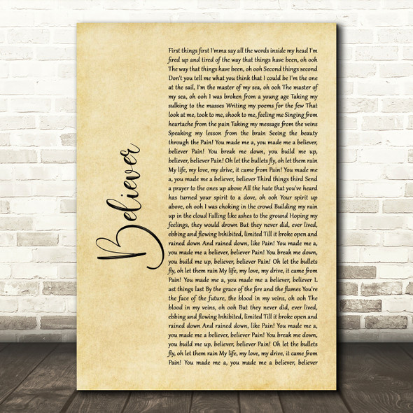 Imagine Dragons Believer Rustic Script Song Lyric Quote Print