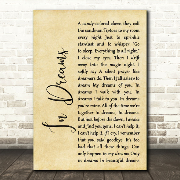 Roy Orbison In Dreams Rustic Script Song Lyric Quote Print