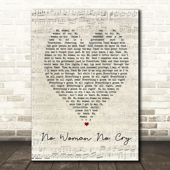 No Woman No Cry Bob Marley Script Heart Quote Song Lyric Print