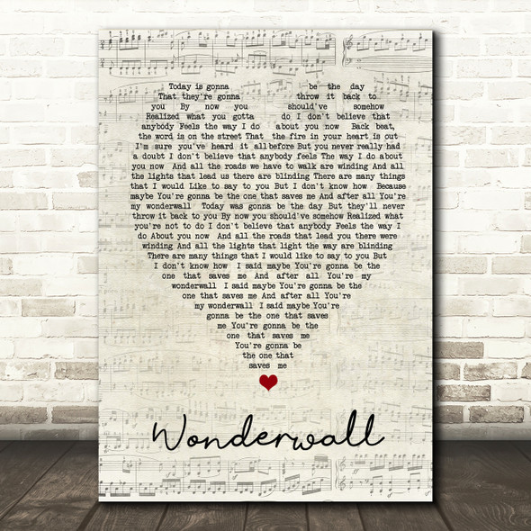 Wonderwall Oasis Script Heart Quote Song Lyric Print