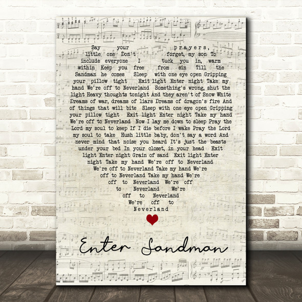 Enter Sandman Metallica Script Heart Song Lyric Quote Print