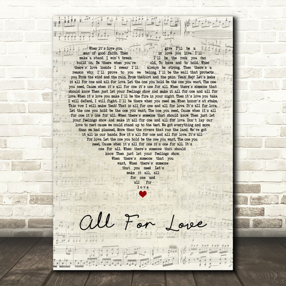 Bryan Adams All For Love Script Heart Quote Song Lyric Print