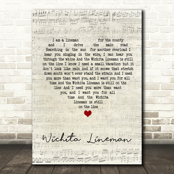 Glen Campbell Wichita Lineman Script Heart Quote Song Lyric Print