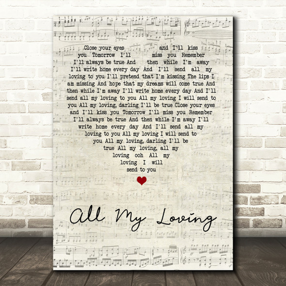 The Beatles All My Loving Script Heart Quote Song Lyric Print