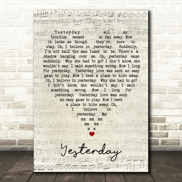 Yesterday The Beatles Script Heart Quote Song Lyric Print