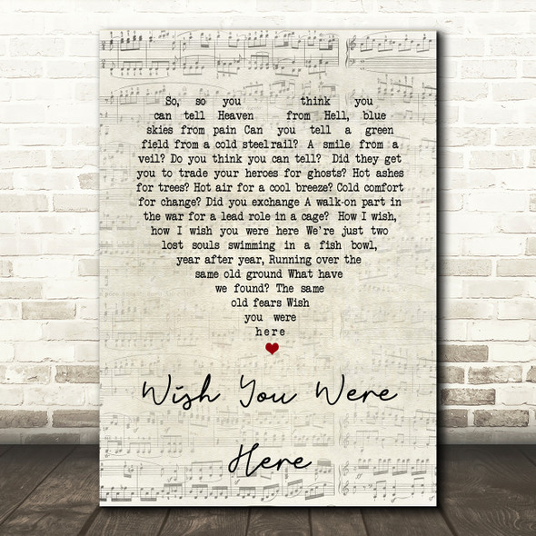 Pink Floyd Wish You Were Here Script Heart Song Lyric Quote Print