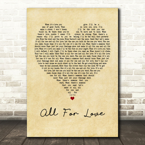 Bryan Adams All For Love Vintage Heart Quote Song Lyric Print