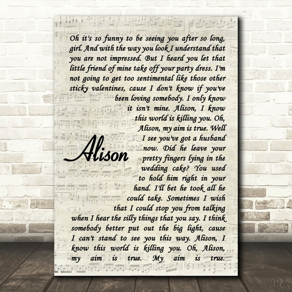 Elvis Costello Alison Vintage Script Song Lyric Framed Print