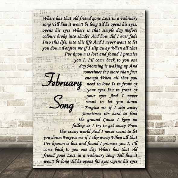 Josh Groban February Song Vintage Script Song Lyric Framed Print