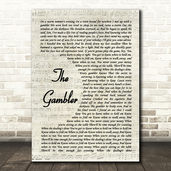 Kenny Rogers The Gambler Vintage Script Song Lyric Framed Print