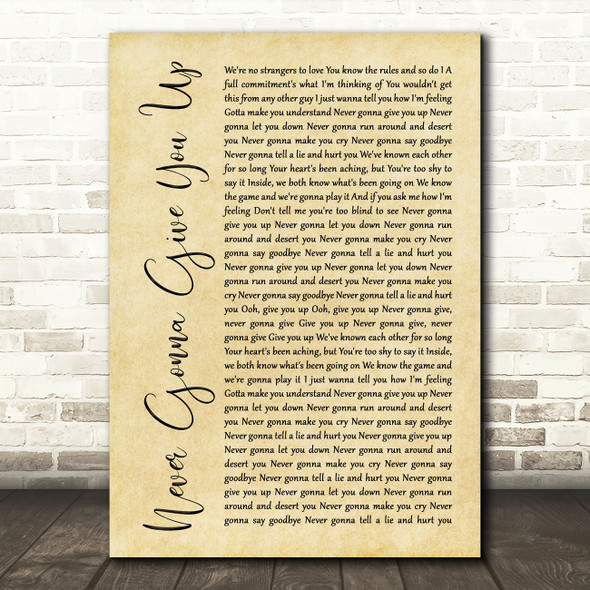 Rick Astley Never Gonna Give You Up Rustic Script Song Lyric Framed Print