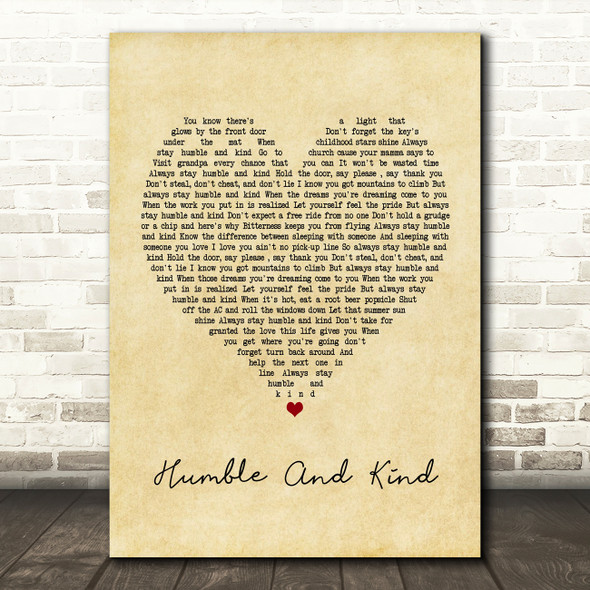 Tim McGraw Humble And Kind Vintage Heart Song Lyric Framed Print