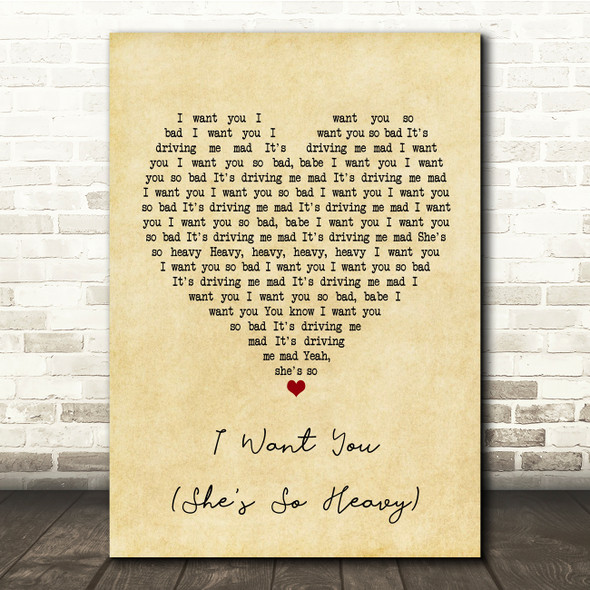 The Beatles I Want You (She's So Heavy) Vintage Heart Song Lyric Print