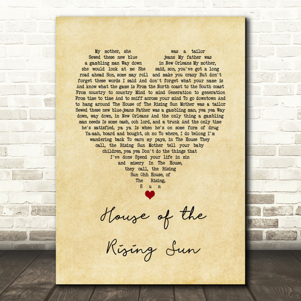 The Animals House of the Rising Sun Vintage Heart Song Lyric Print