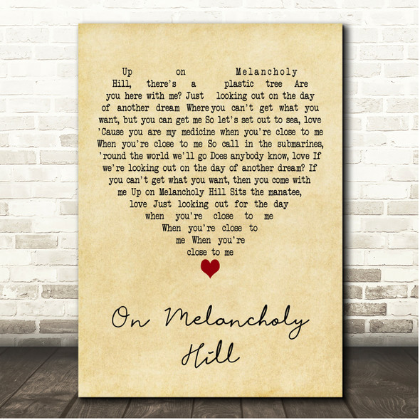 Gorillaz On Melancholy Hill Vintage Heart Song Lyric Print