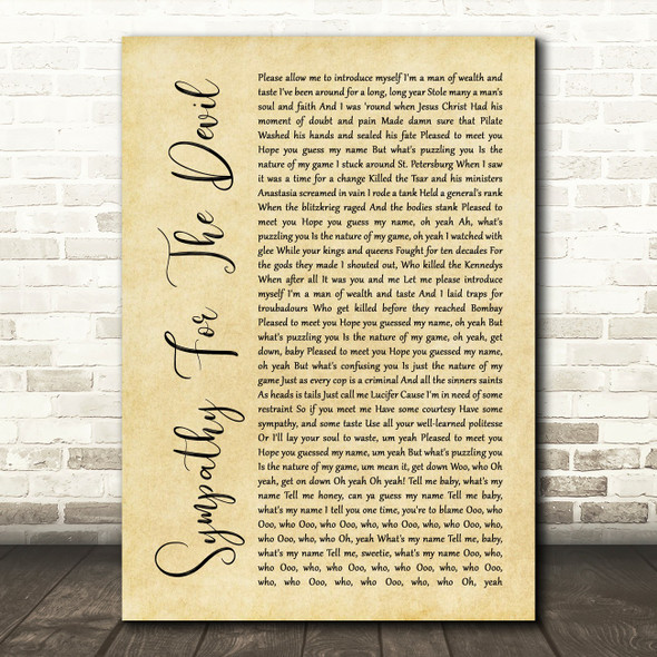 The Rolling Stones Sympathy For The Devil Rustic Script Song Lyric Print