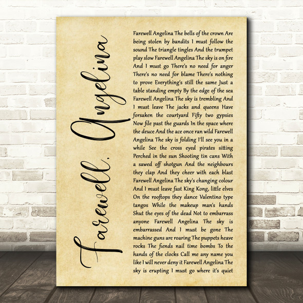 Bob Dylan Farewell, Angelina Rustic Script Song Lyric Print