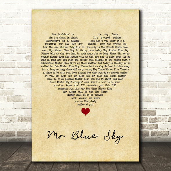 ELO Mr Blue Sky Vintage Heart Song Lyric Print