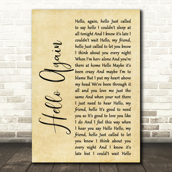 Neil Diamond Hello Again Rustic Script Song Lyric Print