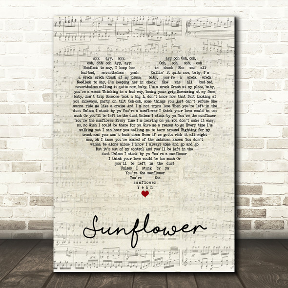 Post Malone & Swae Lee Sunflower Script Heart Song Lyric Print