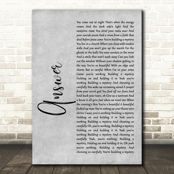 Sarah McLachlan ANSWER Rustic Script Grey Song Lyric Print