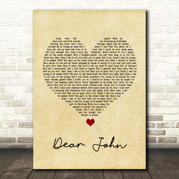 Taylor Swift Dear John Vintage Heart Song Lyric Print