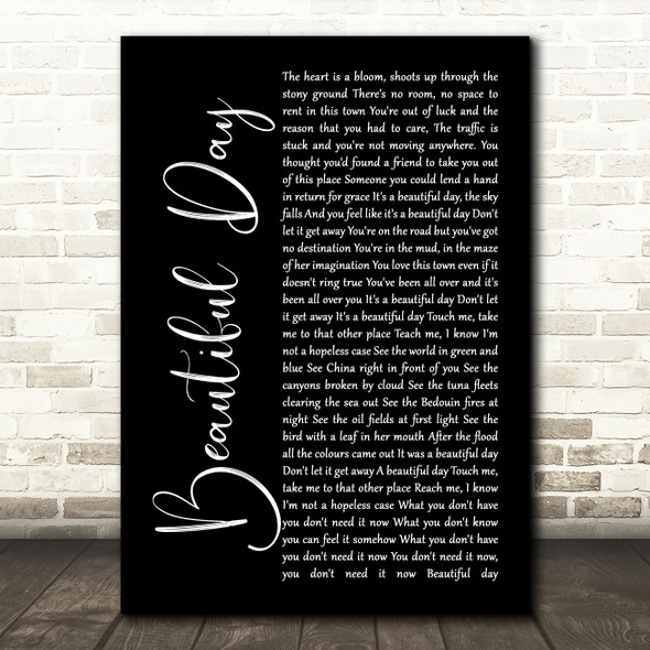 U2 Beautiful Day Black Script Song Lyric Print