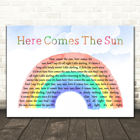 The Beatles Here Comes The Sun Watercolour Rainbow & Clouds Song Lyric Quote Music Print