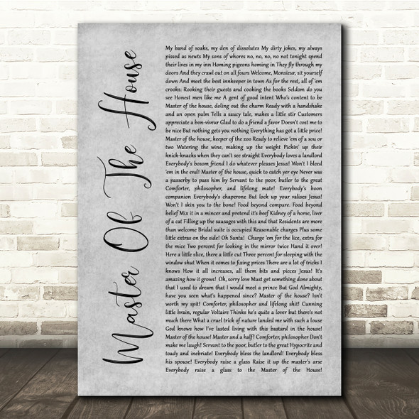 Les Miserables Cast Master Of The House Grey Rustic Script Song Lyric Quote Music Print