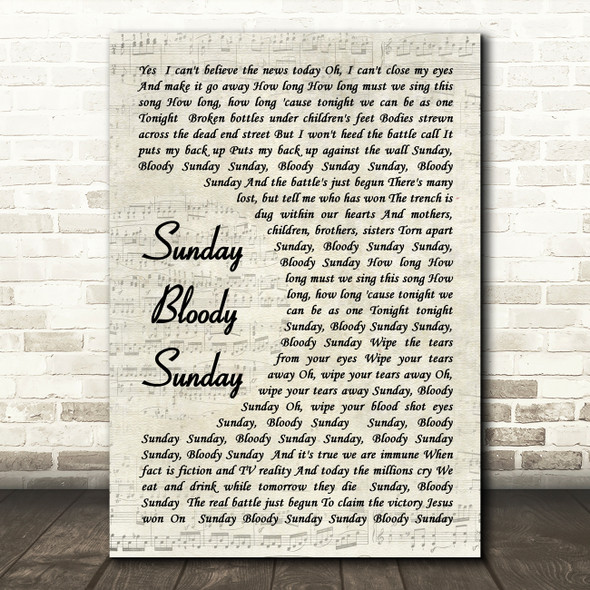 U2 Sunday Bloody Sunday Vintage Script Song Lyric Quote Music Print