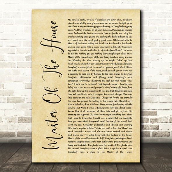 Les Miserables Cast Master Of The House Rustic Script Song Lyric Quote Music Print
