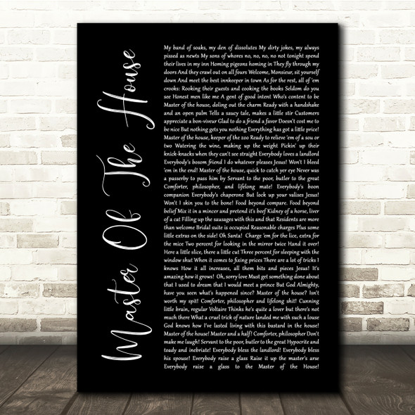 Les Miserables Cast Master Of The House Black Script Song Lyric Quote Music Print