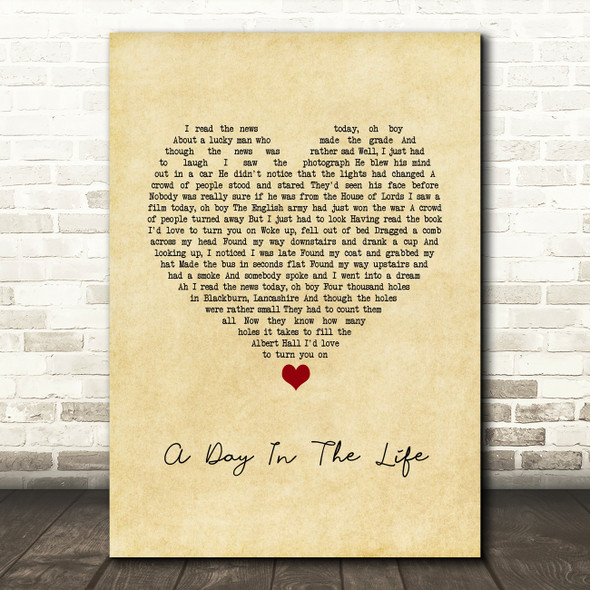The Beatles A Day In The Life Vintage Heart Song Lyric Quote Music Print