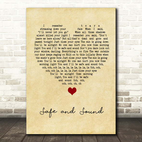 Taylor Swift Safe and Sound Vintage Heart Song Lyric Quote Music Print