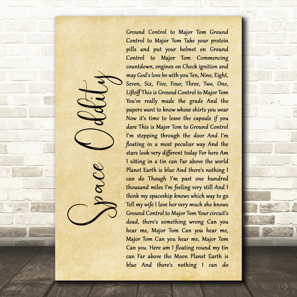 David Bowie Space Oddity Rustic Script Song Lyric Quote Music Print