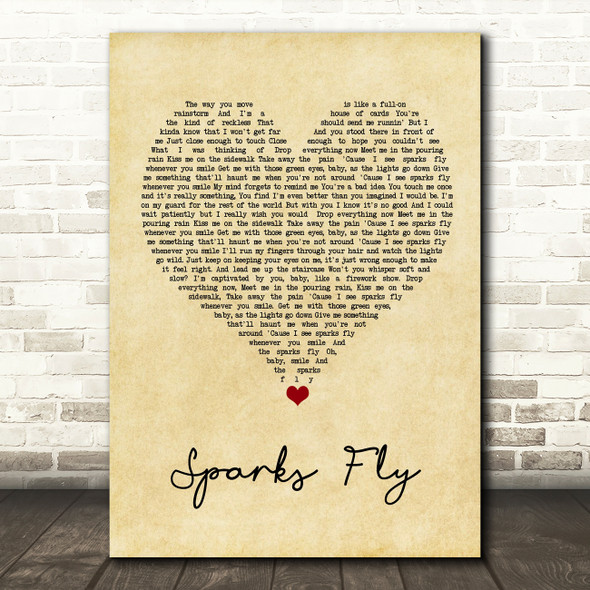 Taylor Swift Sparks Fly Vintage Heart Song Lyric Quote Music Print